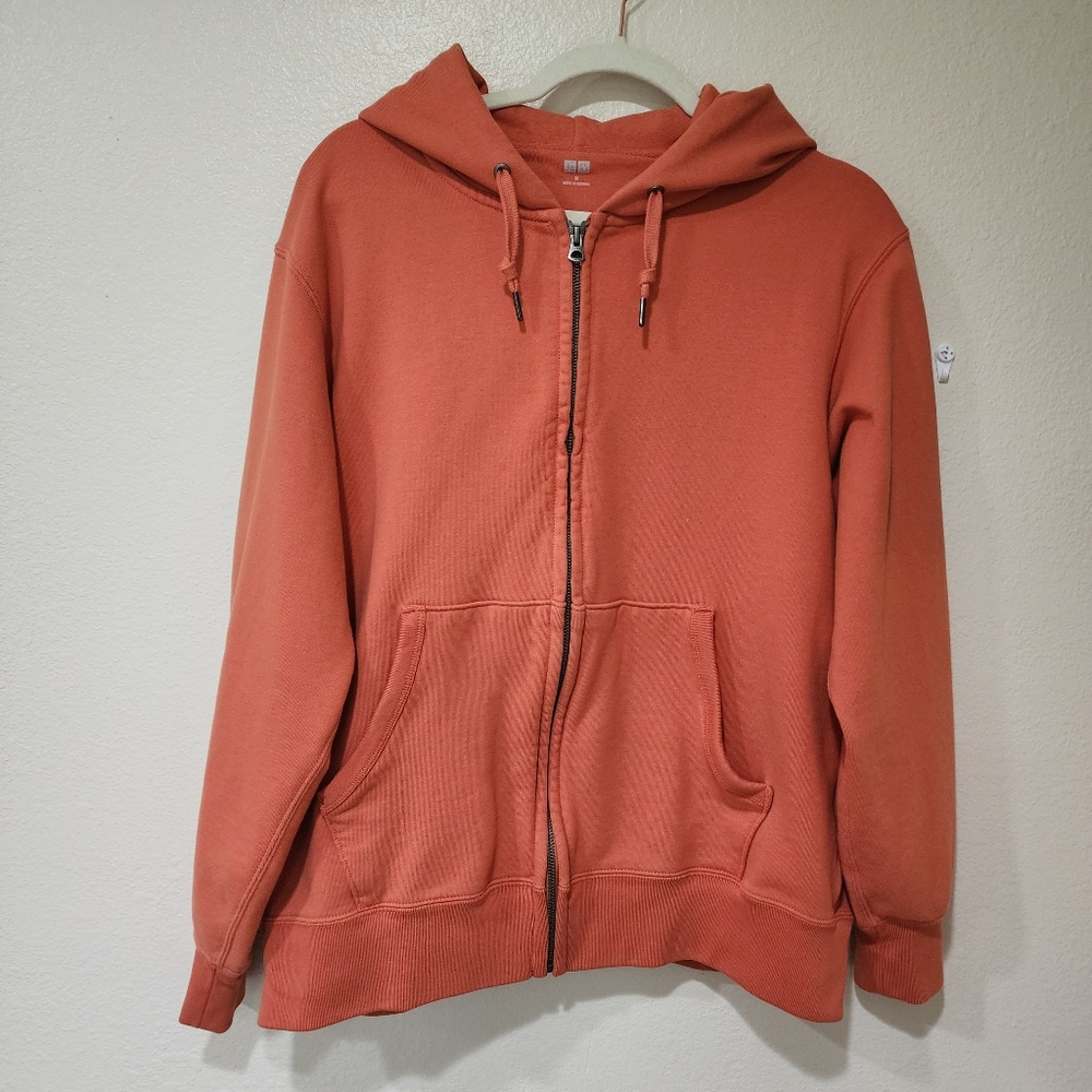 Uniqlo Men's Full Zip Hoodie Sweatshirt Split Kangaroo Pocket Orange size Medium